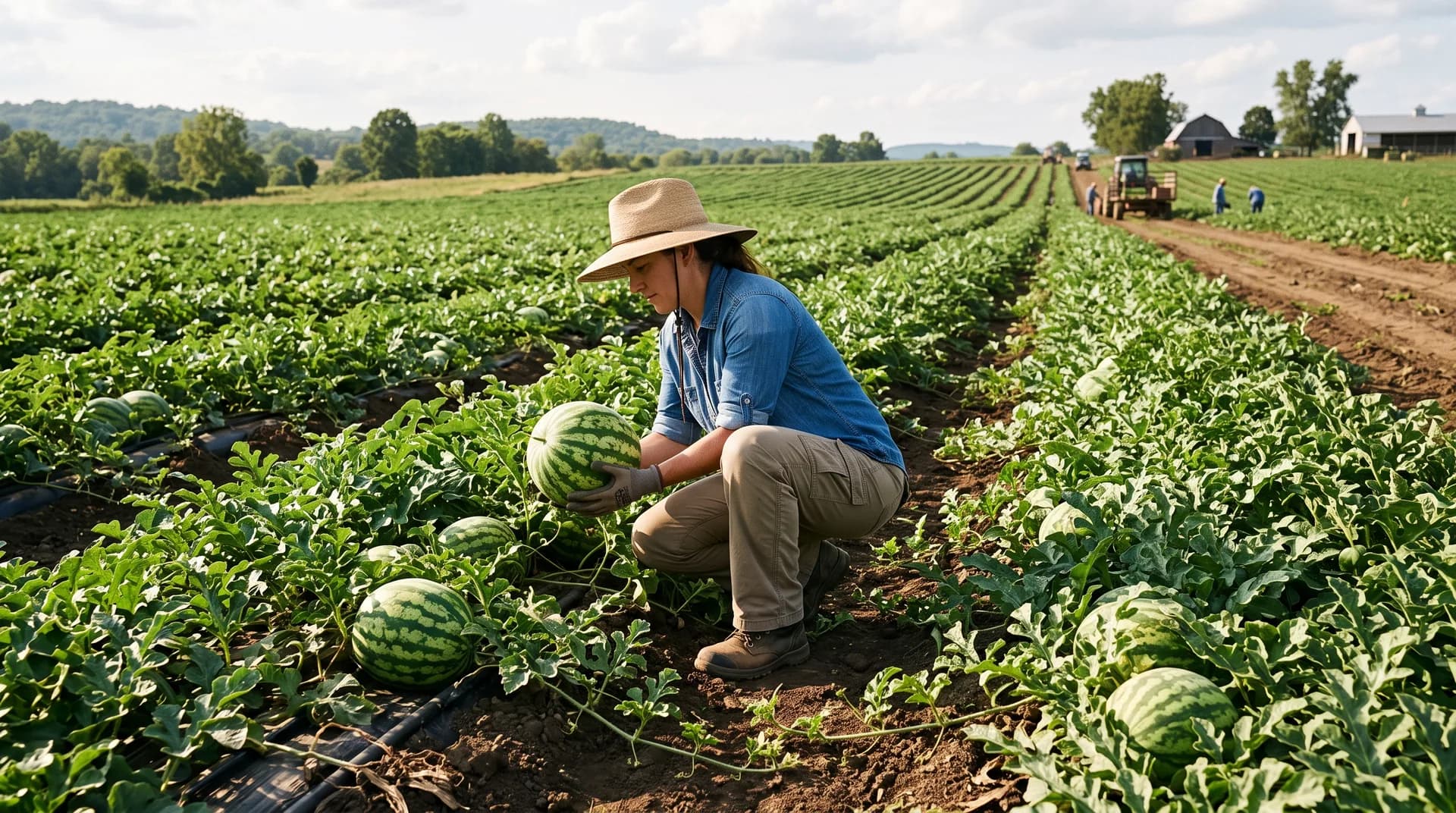 Farm worker checking a watermelon among commercial vine rows