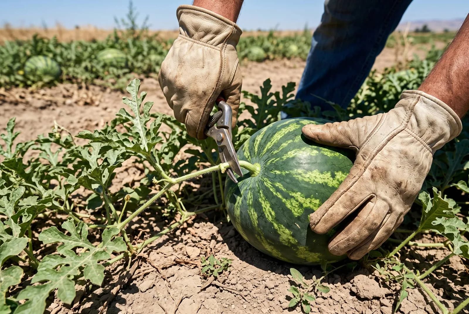 A gloved worker cutting the stem of a ripe watermelon with pruning shears, leaving a short piece of stem on the fruit