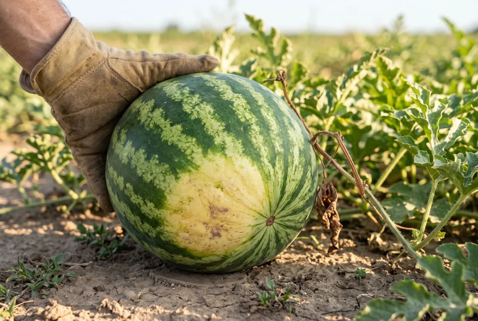 A gloved hand tilting a ripe watermelon to show the pale yellow ground spot on its underside, with a dry brown tendril beside the stem