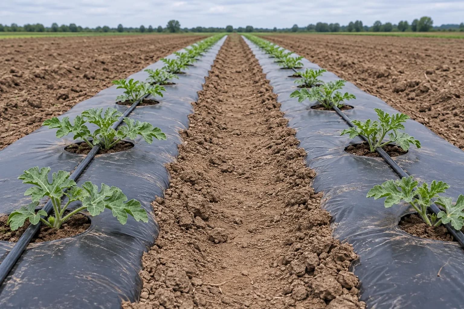 Rows of young watermelon transplants growing through holes in black plastic mulch, with drip tape running along each row