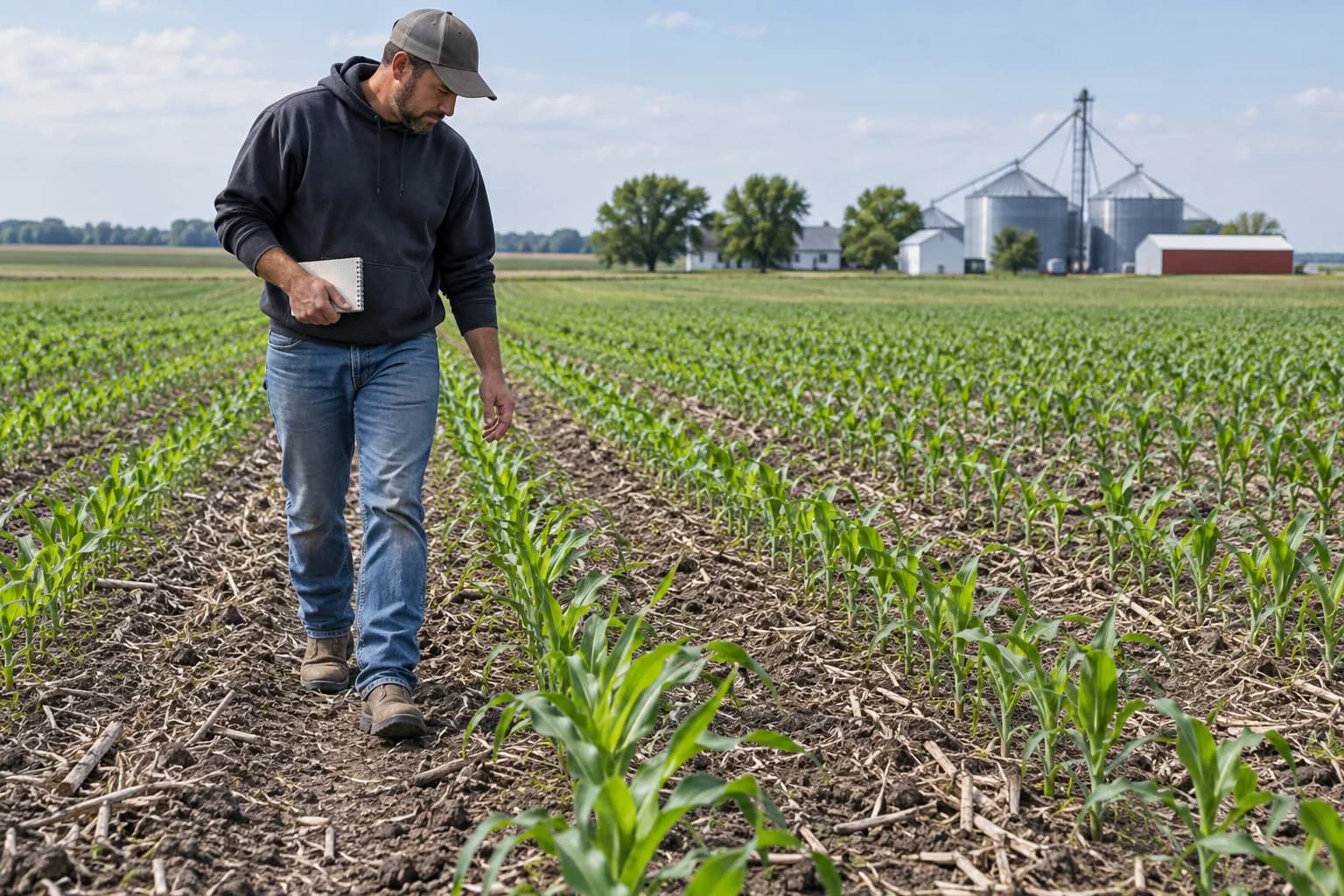 Illustrative scene of a grower scouting newly emerged corn rows