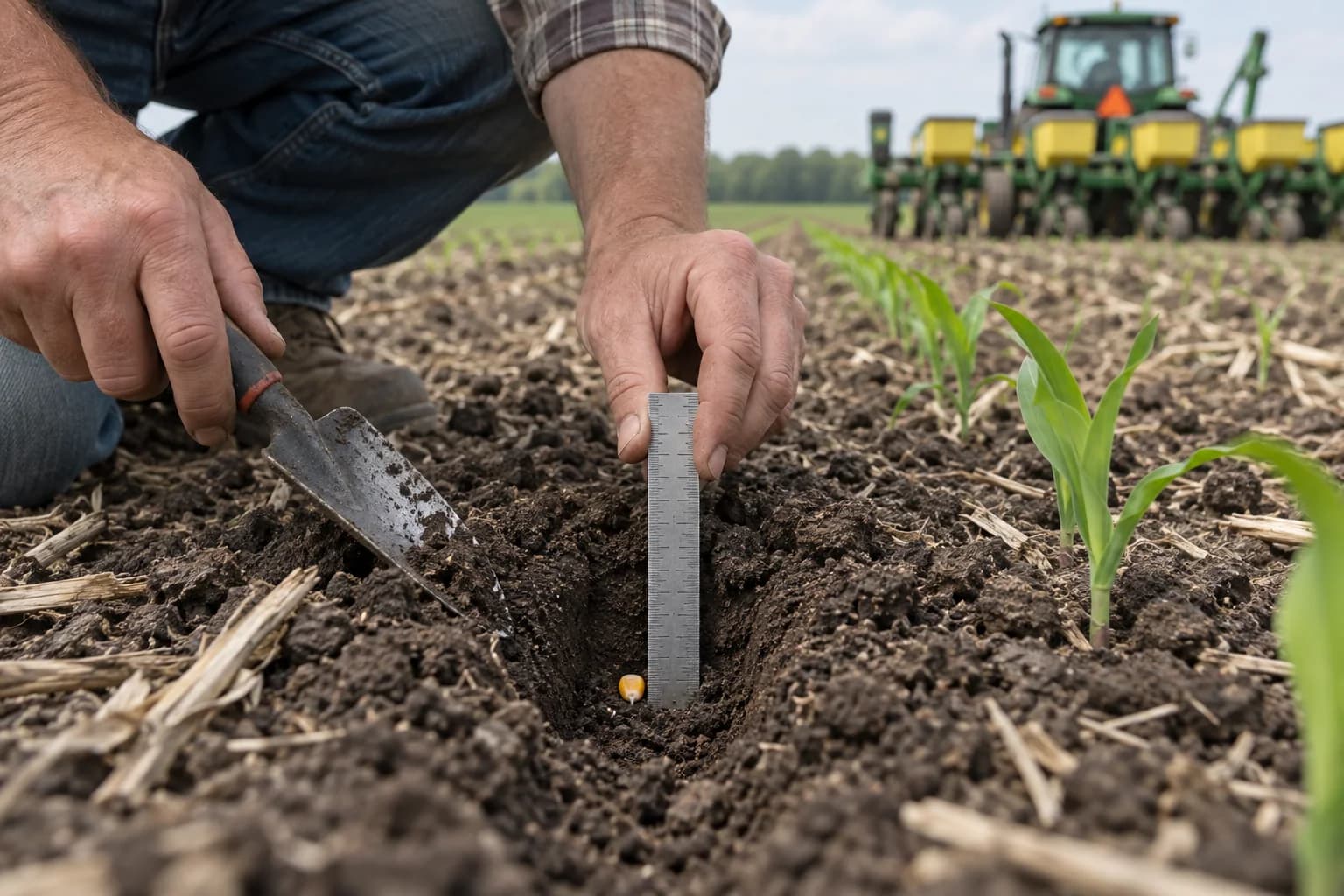 A grower opening a planted row to measure corn seed depth with a ruler