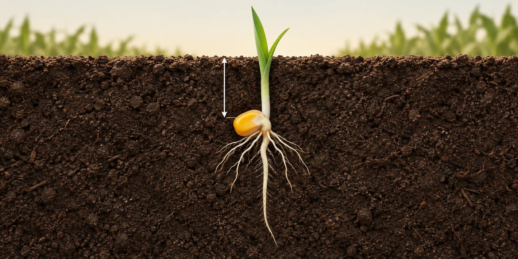 Cutaway schematic showing a corn kernel below the soil surface, with an emerging shoot, roots and a depth dimension