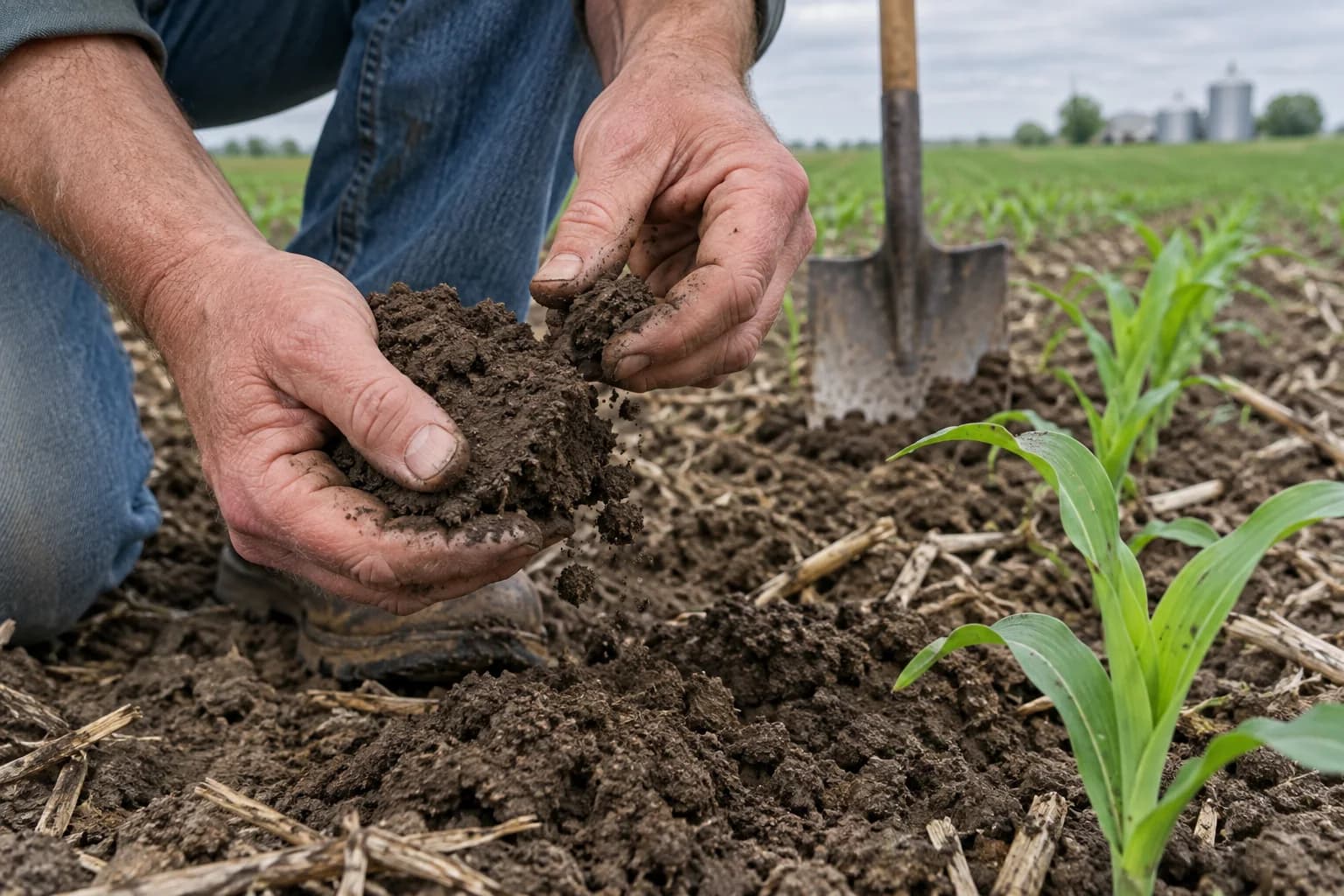 A grower checking soil tilth in a corn seedbed