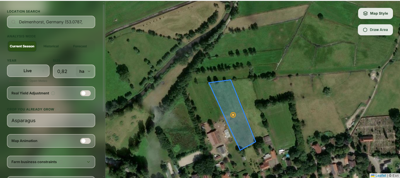AgriAuditor location search with a field boundary drawn over a satellite map