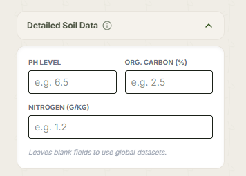 AgriAuditor detailed soil data panel with pH, organic carbon and nitrogen overrides