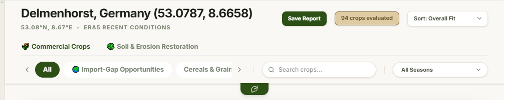 AgriAuditor results filter shutter with category, search, season and sort controls
