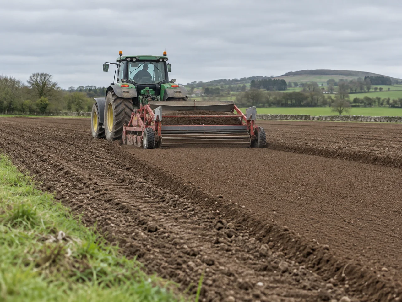 AI-generated illustration of a tractor preparing a fine carrot seedbed with a generic bed-forming implement.