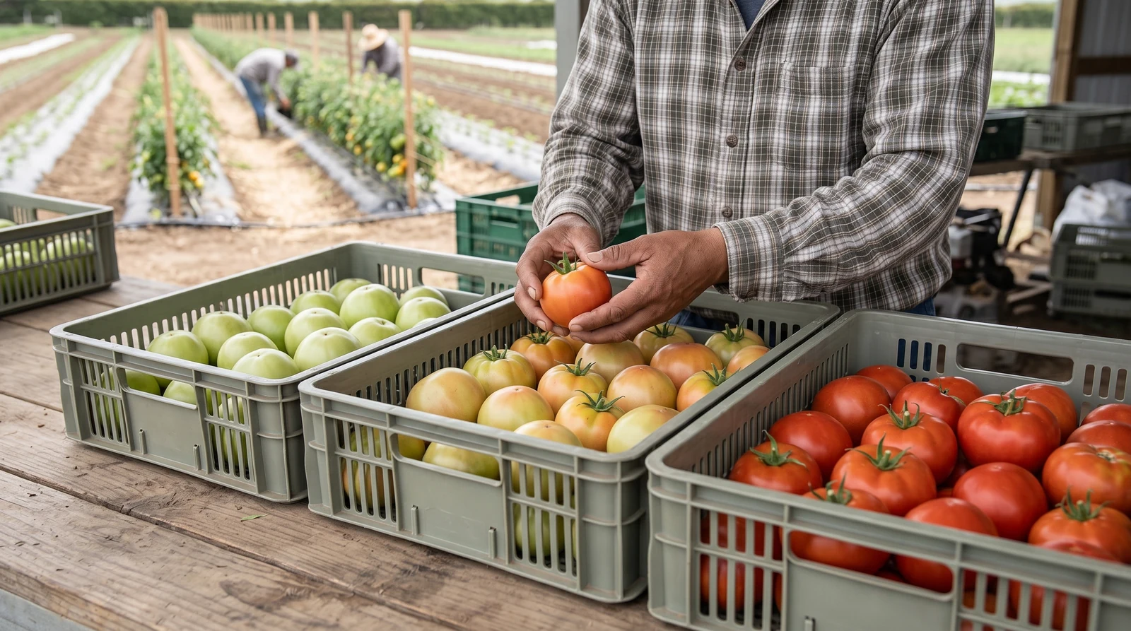 Worker sorting green, partly colored and red tomatoes into separate crates at a farm packing table